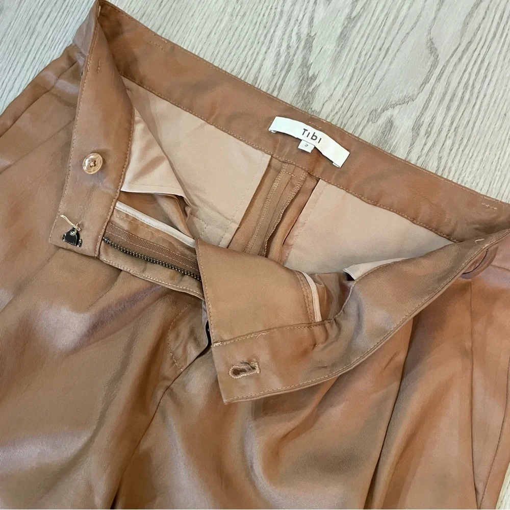 Tibi Medini Twill Pant in Sable Brown Sculpted Trousers Ankle Tie Pleat Skinny